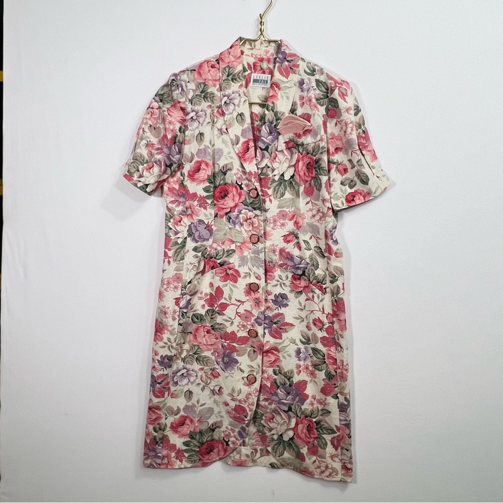 Vintage 1980s Leslie Fay Pink Floral Short Sleeve Knee Length Dress Women’s 6P